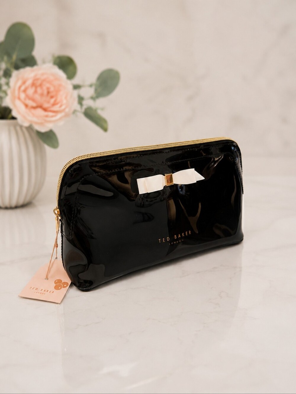 Ted Baker Black Patent Cosmetic Pouch with White Bow